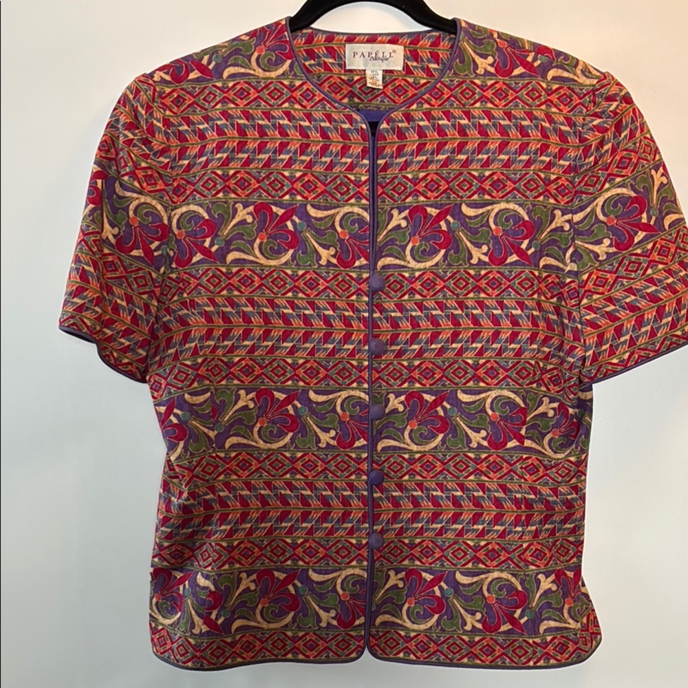 Vintage PAPÉLL Boutique Colorful Patterned Short Sleeve Jacket